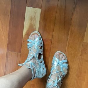 Woman, silver sandals, lace up front